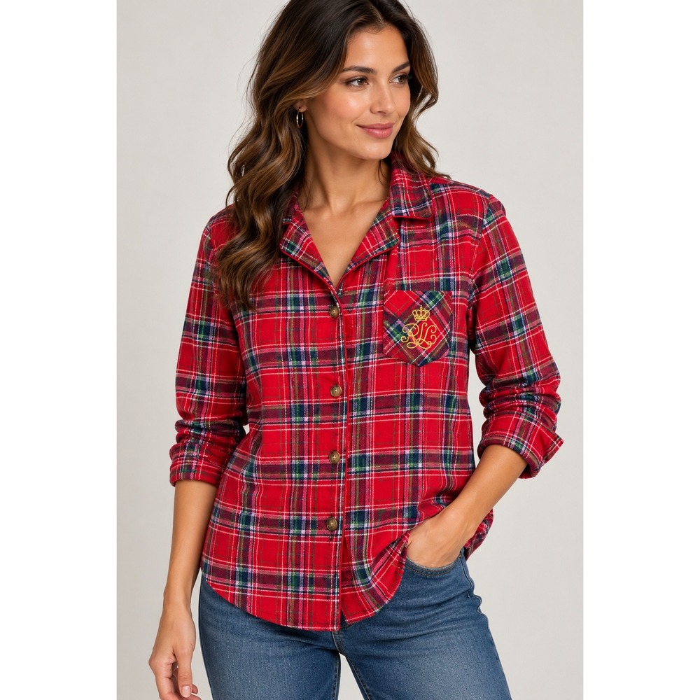 Lauren Ralph Lauren Red Plaid Flannel Pajama Top Leopard Collar Crest L LN92020T
